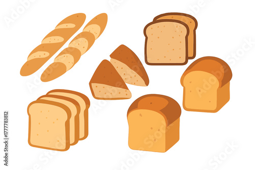 Assortment of various baked goods including sliced sandwich bread, whole loaves, and baguettes