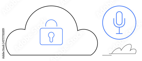 Cloud with padlock representing data security, microphone for voice recognition. Ideal for technology, privacy, AI, communication, cybersecurity, innovation remote storage themes. A simple flat