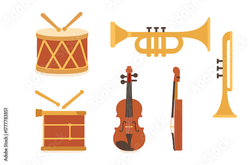 Classic musical instruments collection featuring drum, trumpet, and violin on white background