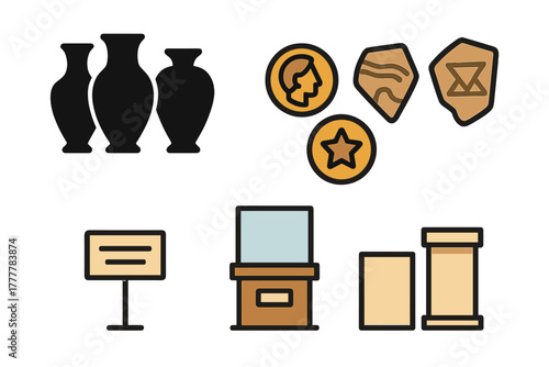 Collection of historical artifacts and museum exhibit elements including vases, coins, pedestals, and display cases
