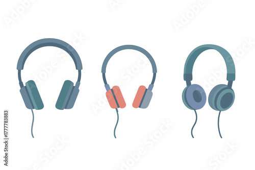 Three pairs of stylish wired over-ear headphones in different designs for music listening