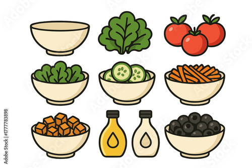 Fresh salad ingredients collection with vegetables, croutons, olives, and dressing bottles
