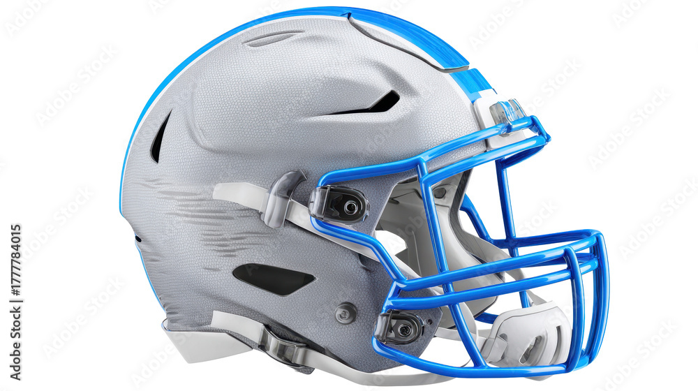 Fototapeta premium PNG gray football helmet with blue faceguard and stripes, modern protective gear for sports and fitness