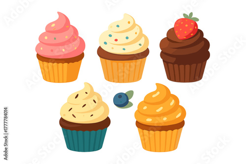 Set of five colorful baked cupcakes topped with creamy frosting and sweet fruit
