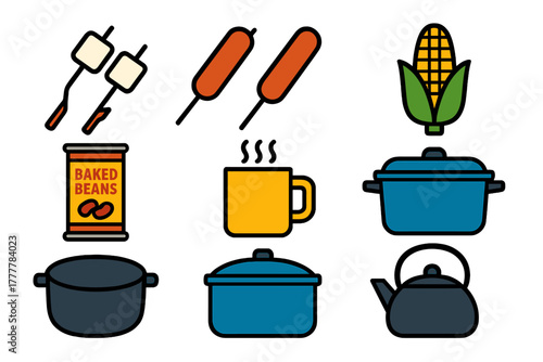 Outdoor cooking equipment and campfire food set including pots, mugs, corn, and beans