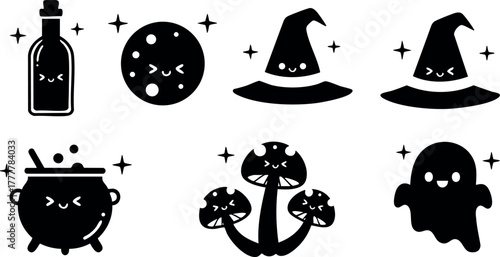 Cute Halloween witch hat ghost cauldron potion bottle moon and mushrooms vector icons for seasonal spooky design 