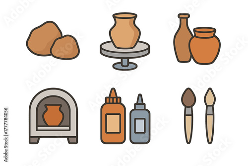 Pottery craft elements collection showing clay, wheel, kiln, brushes, and finished vases