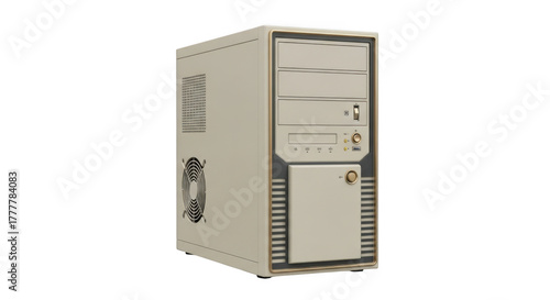 Vintage retro desktop computer tower, beige 90s personal computer case, classic workstation hardware isolated on white background