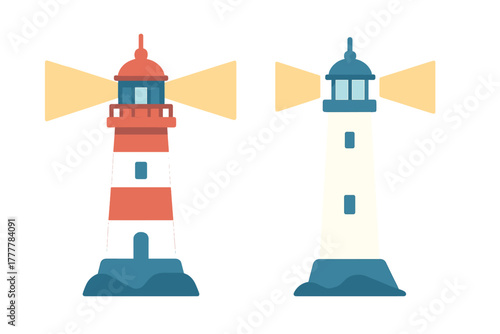 Two colorful lighthouses standing side by side illuminating the sea with bright light beams