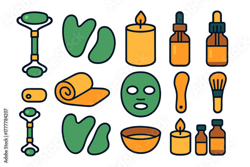 Set of self-care beauty products and spa treatment accessories including rollers and essential oils