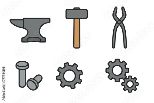 Collection of blacksmithing and mechanical tools including anvil, hammer, tongs, and gears
