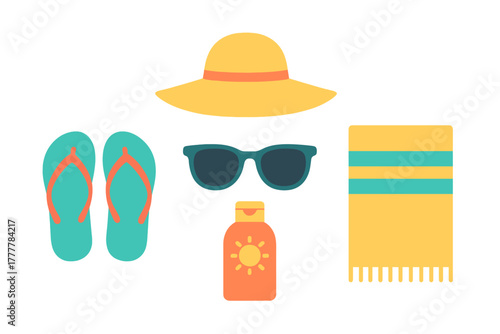 Essential summer beach accessories collection featuring sun hat, sunglasses, flip-flops, sunscreen, and towel