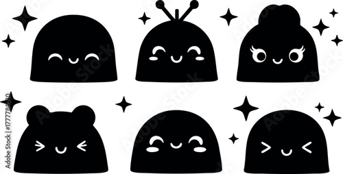 Cute kawaii cartoon faces set with animal and character expressions in black silhouette style vector illustration 