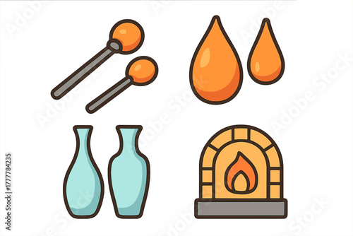 Glass blowing elements including punty rods, molten glass drops, finished vases, and a hot furnace