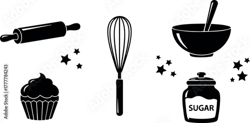 Baking utensils with rolling pin whisk mixing bowl sugar jar and cupcake in simple black vector illustration 