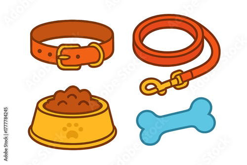 Collection of essential pet supplies including dog collar, leash, food bowl, and chew toy bone