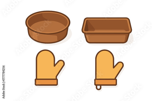 Set of essential kitchen baking utensils including round and rectangular pans with protective oven mitts