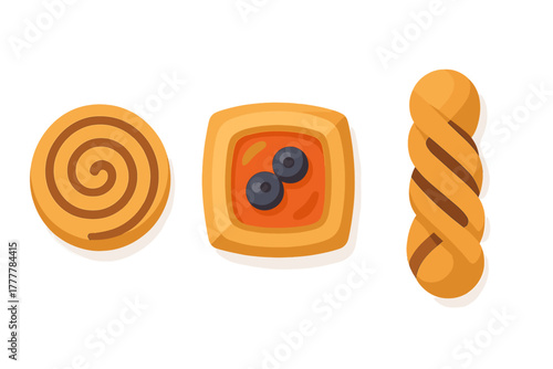 Sweet bakery products selection featuring cinnamon roll, blueberry danish, and twisted bun