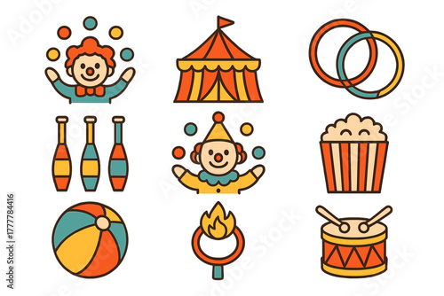 Colorful flat design set of circus performance elements including clowns, tent, and props