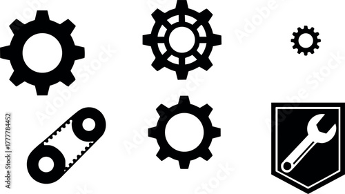 Industrial gear icons with wrench and belt symbols for engineering and mechanical vector illustration projects 