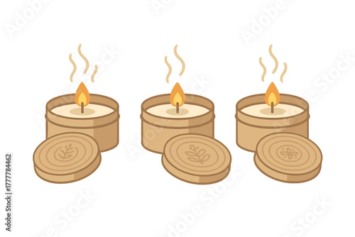 Three burning scented candles in round metal tins with decorative wooden lids