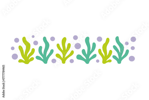 Seamless horizontal border pattern of stylized underwater seaweed and floating bubbles