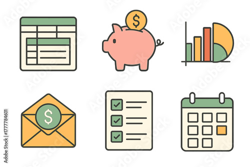 Collection of business management and financial planning icons including savings, data analysis, and scheduling