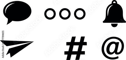 Communication icons vector set with chat bubble, ellipsis, bell, paper plane, hashtag, at symbol in black 