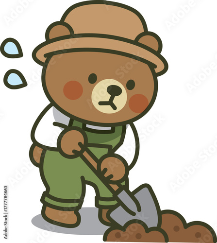 スコップで穴を掘るくまちゃんのイラスト（作業・園芸・かわいい動物）