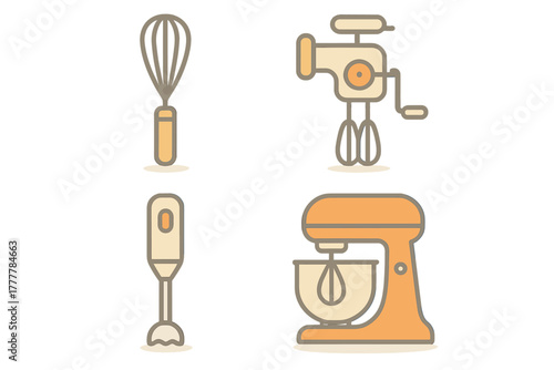 Essential kitchen appliances collection including whisk, hand mixer, immersion blender, and stand mixer