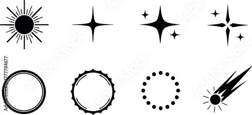 Celestial sun stars and comet vector icons with circular shapes for cosmic astronomy themed design projects 