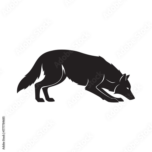 Dynamic black wolf silhouette stalking low in stealthy hunting pose, primal energy captured
