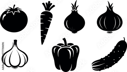 Vegetable silhouettes featuring tomato, carrot, onion, garlic, bell pepper, cucumber in simple black vector illustration style 