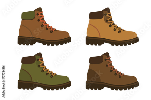 Collection of four rugged hiking boots in various earthy colors for outdoor adventure and trekking
