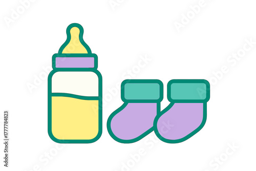 Colorful baby feeding bottle and soft newborn socks for infant care and early childhood