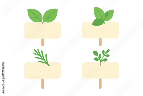 Four blank garden markers with various green herb sprouts on wooden sticks