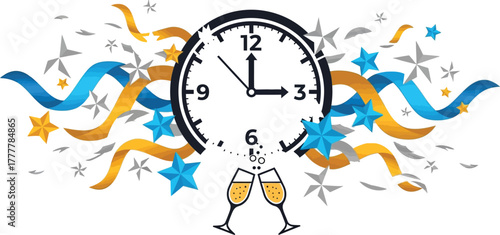 Festive New Year's Eve celebration with the clock striking midnight