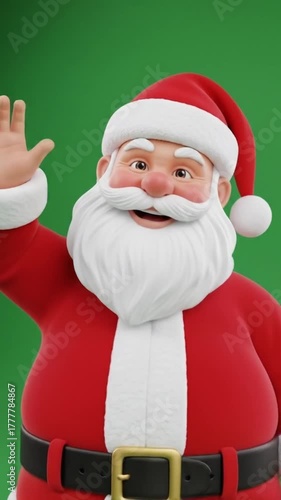 Santa Claus in Traditional Costume Waving Cheerfully in Front of Green Screen