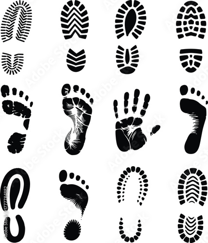 Footprint and shoe print silhouette grid, black vector set, tread pattern comparison, forensic texture design, identification concept, diverse print styles