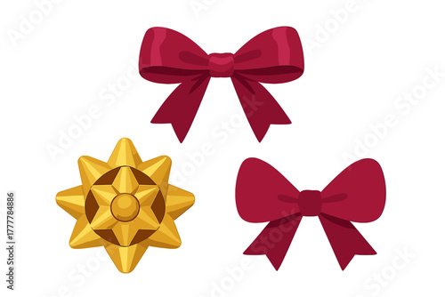 Set of three decorative holiday bows with shiny red ribbon knots and a golden star rosette