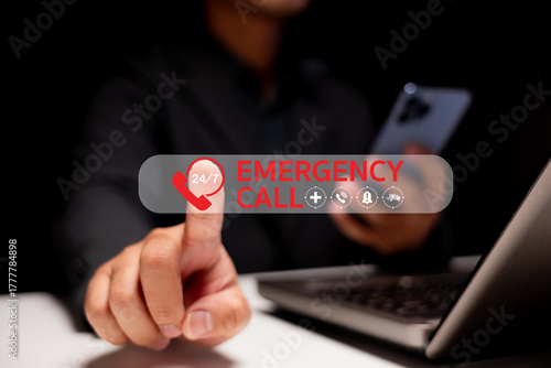 A person using a smartphone to initiate a 24 7 emergency call, emphasizing urgency and accessibility in critical situations.