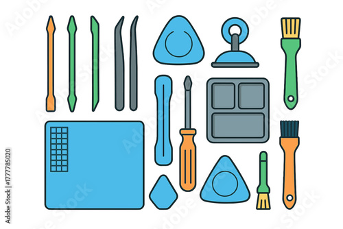 Specialized tools collection for repairing modern electronic devices and mobile gadgets