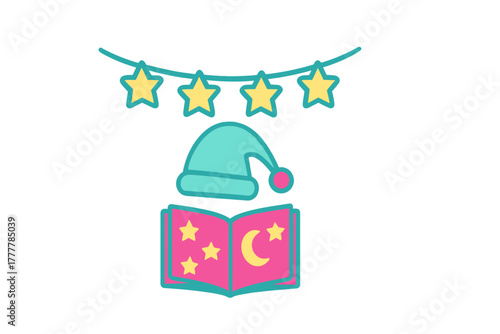 Colorful graphic depicting a sleeping cap, open book, and decorative star garland for bedtime stories