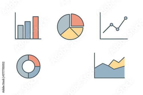 Colorful collection of business data visualization charts and graphs icons for analysis