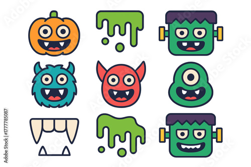 Adorable Halloween monster faces set featuring vampire fangs and green dripping slime