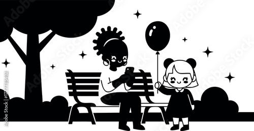 Mother and daughter enjoying park bench time together with balloon under tree in playful outdoor scene 