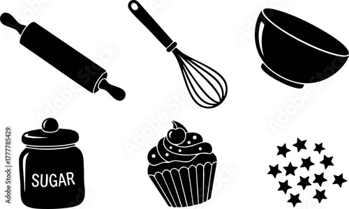 Baking utensils, sugar jar, cupcake, and star sprinkles vector for kitchen and pastry themed designs 