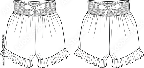 cad drawing, flat vector illustration, ruffle hem shorts with bow waistband, sleepwear fashion sketch front back view