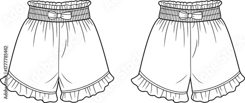 cad drawing, flat vector illustration, ruffle hem shorts with bow waistband, sleepwear fashion sketch front view