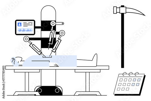 Robotic arms performing surgery on patient with vital sign monitor, scythe symbol, and calendar nearby. Ideal for healthcare, AI, robotics, surgery, mortality precision future technology. Simple